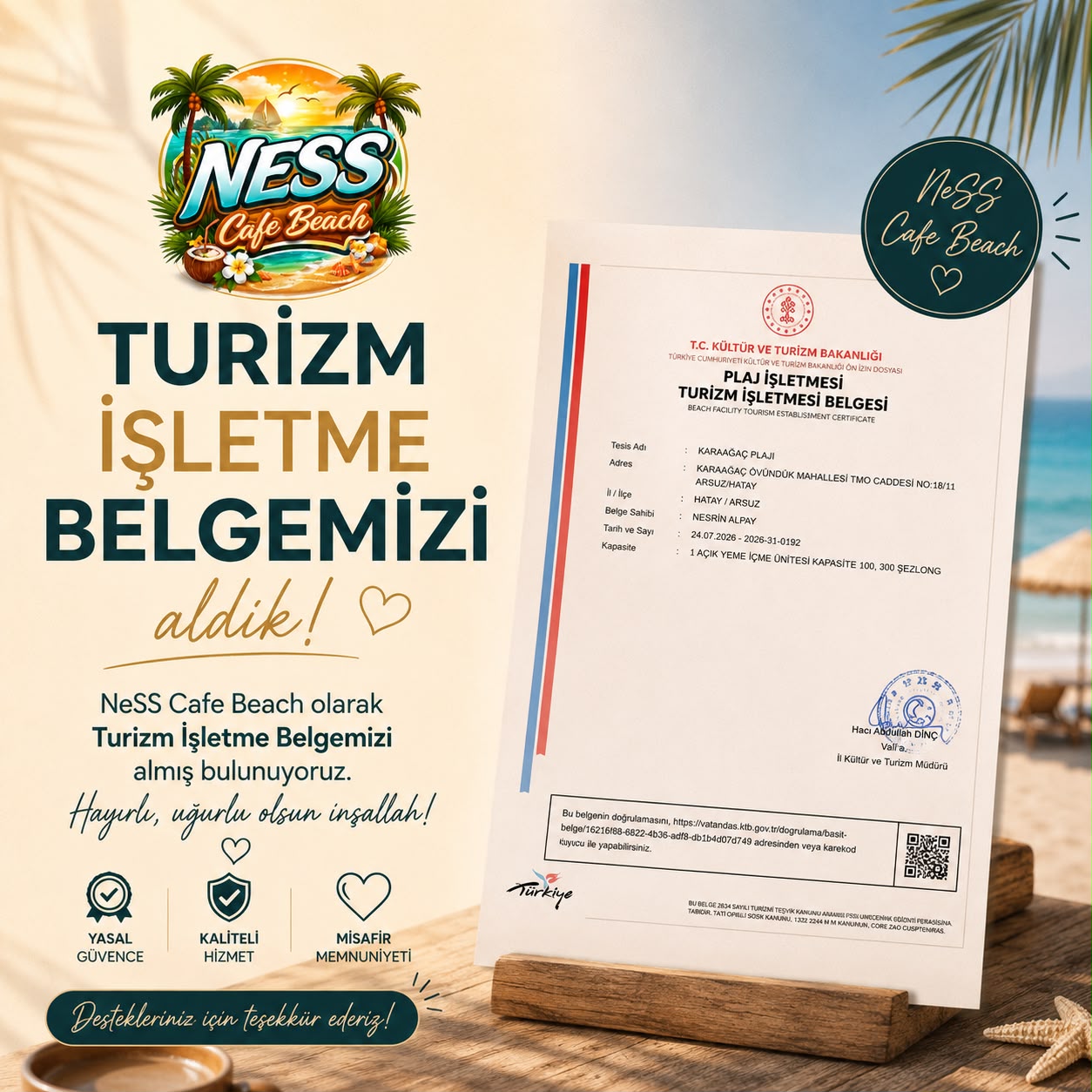 Ness Cafe Beach tarafından paylaşılan turizm işletme belgesi duyurusu